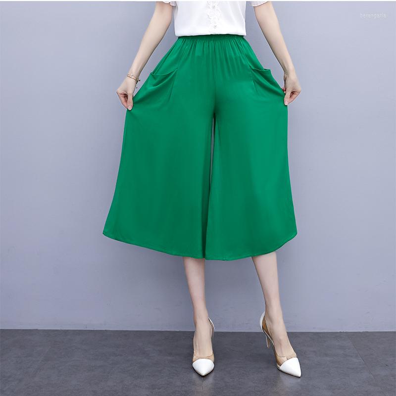 

Women's Pants Women Loose Three Quarter Solid Summer Ladies Wide Leg Pant Elastic Waist Elegant Pockets Casual For Female 2022, Orange