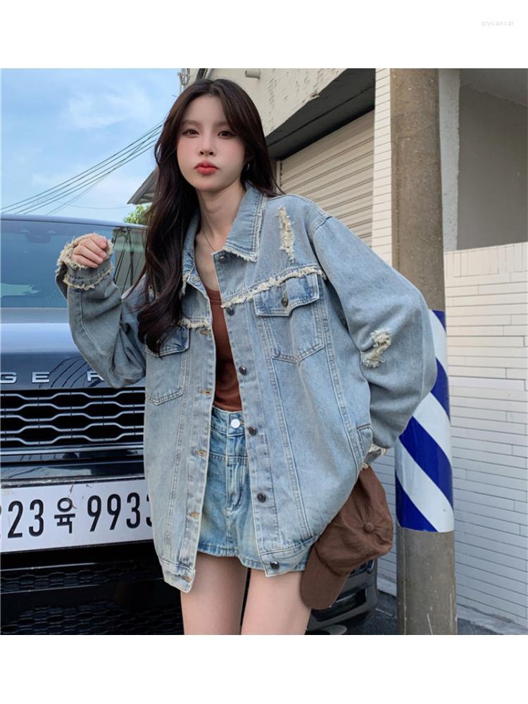 

Women' Jackets 2022 All Match Denim Jacket Long Sleeve Tassel Fashionable Cowboy Hole Hand Edging Washed, Blue