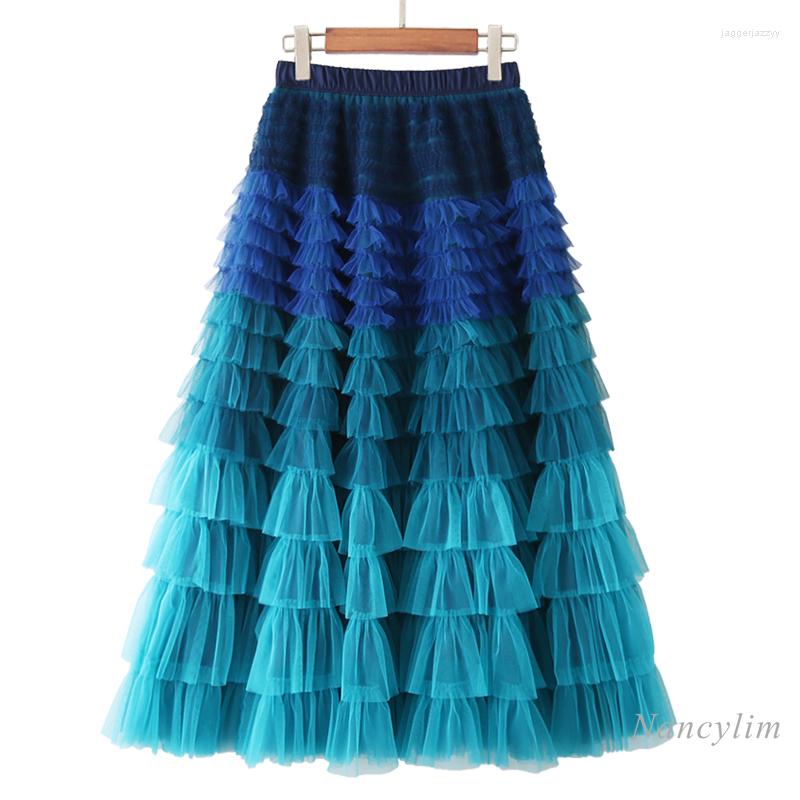 

Skirts Womens Long Gauze Skirt Gradient Color Cake Pleated Pettiskirt Sweet Girl Fashion Fadlas Street Wear Mesh 2022, Lake blue