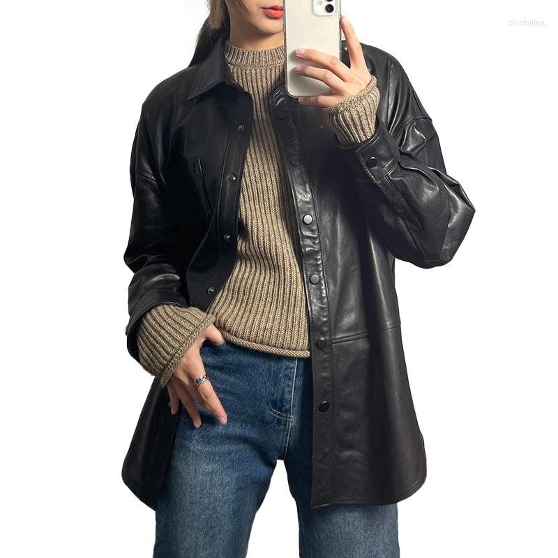 

Women's Leather 2022 Women's Jacket Solid Simple Button Genuine Sheepskin Vegetable Tanned Coat Shirt Spring Autumn CL4020, Black