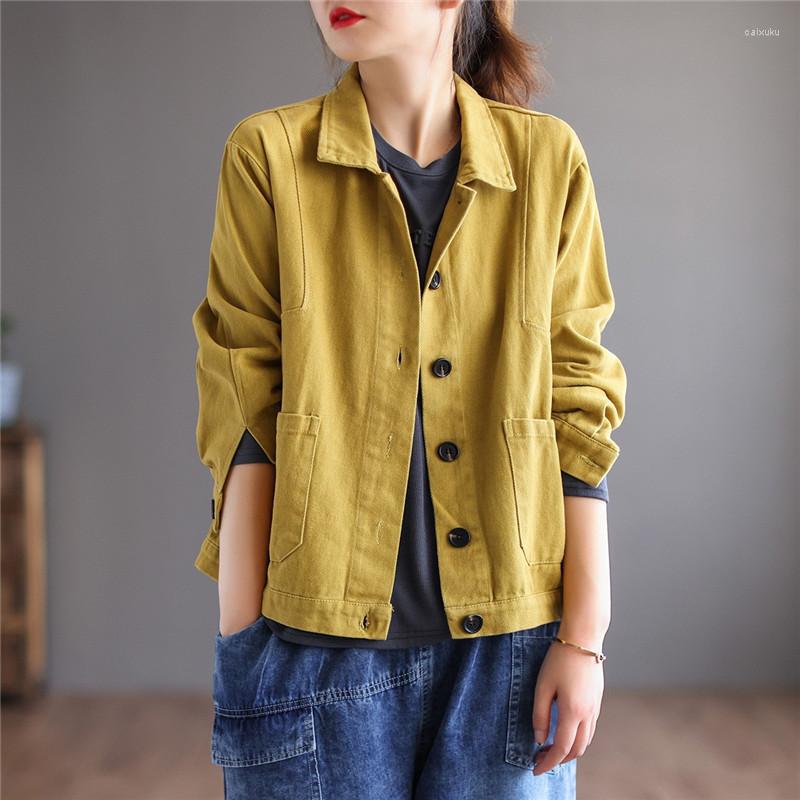 

Women's Jackets Autumn Jacket Women Classic Tooling Coat Solid Color Cotton Loose For Ladies Tops Mujer Vintage Lapel, Beige