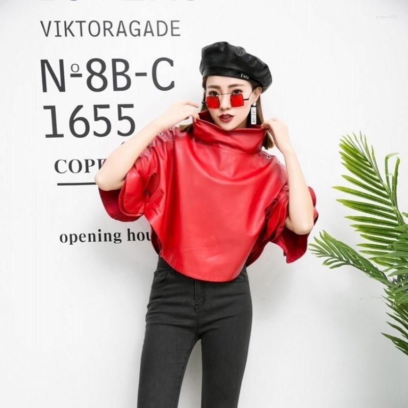 

Women' Leather 2022 Spring Womens Short Jacket Korean Batwing Sleeve Genuine Coats Loose Fit Streetwear Cape Coat Plus Size -4XL, Red