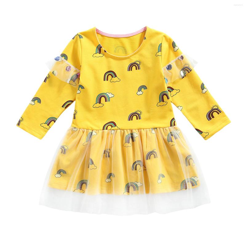 

Girl Dresses 2022 1-7Y Kids Baby Girls Sweet Dress Rainbow Print Long Sleeve O Neck Tulle A-line Spring Autumn Casual Clothes, Picture shown