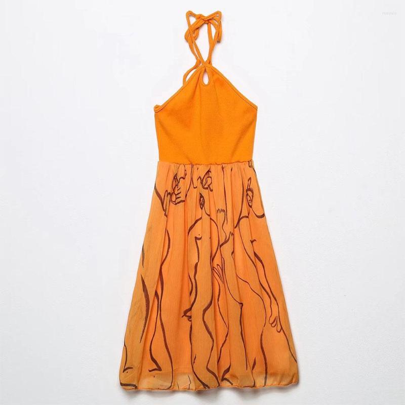 

Casual Dresses 2022 Women' Summer Printed Dress Sexy Halter Neck Stitching Slim Backless Temperament Beach, Orange
