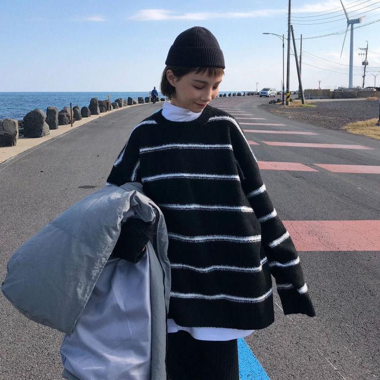

Women's Sweaters Woman Chandails Autumn And Winter Loose Round Neck Striped Sweater Women's Long-Sleeved Coat, Black
