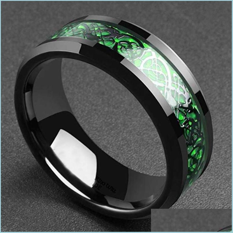 

Cluster Rings Cluster Rings Stainless Steel Dragon Ring Red Green Carbon Fiber Black Inlay Comfort Fit For Men Wedding Band Fashion Dh1Dm