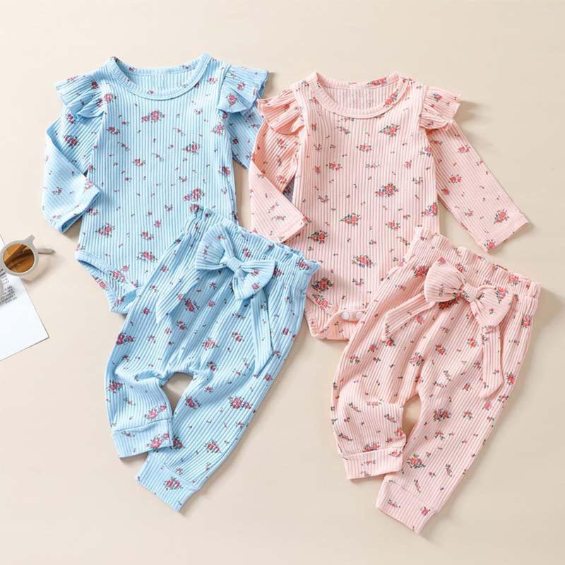 

Clothing Sets FOCUSNORM 0-24M Autumn Baby Girls 2pcs Clothes 2 Colors Flowers Printed Knit Long Sleeve Romper Bow Pants, Beige