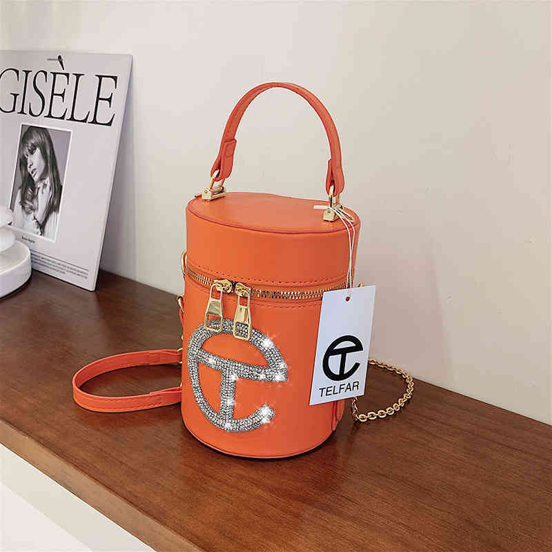 

Crossbody bag new style in summer T home portable bucket fashionable high-grade texture diamond inlaid one shoulder cylinder, White