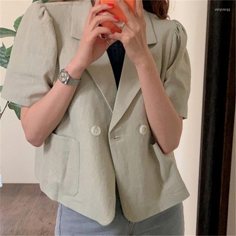 

Women's Suits Korean Fashion Chic Puff Sleeve Blazer Jacket Short Buttons Pockets Linen Wild Outerwear 2022 Autumn Women Clothes, Beige