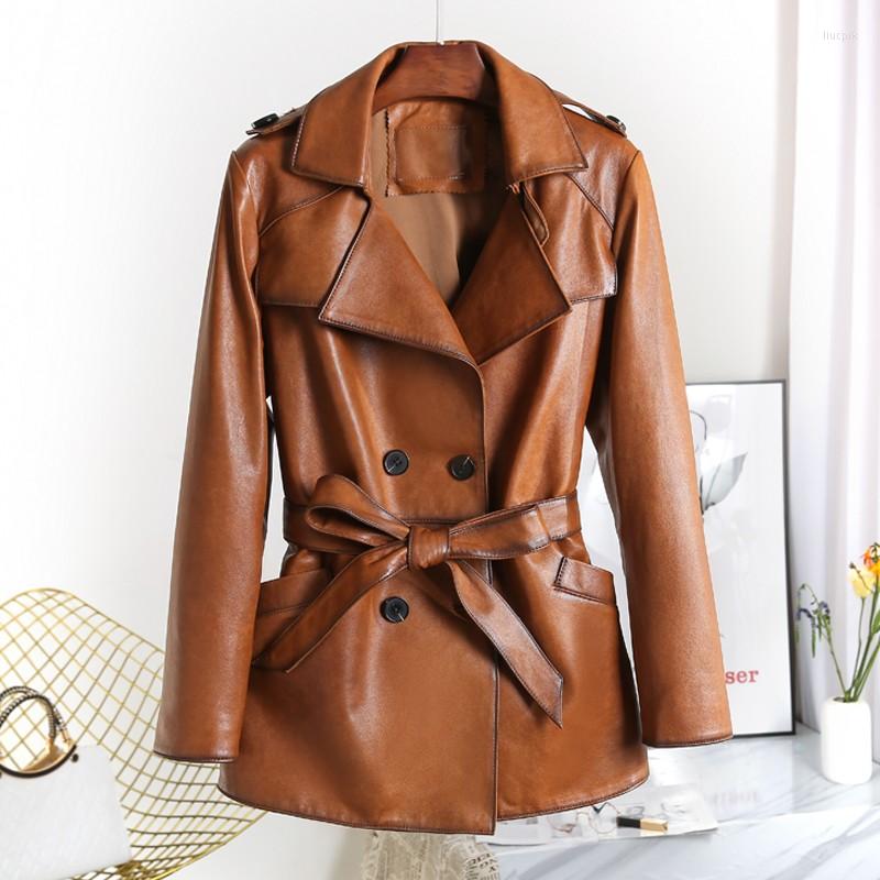 

Women's Leather Autumn Winter Genuine Clothes Women Long Motorcycle Sheepskin Coat Classic Double-Breasted Cotton-Padded Trench Overcoat, Brown