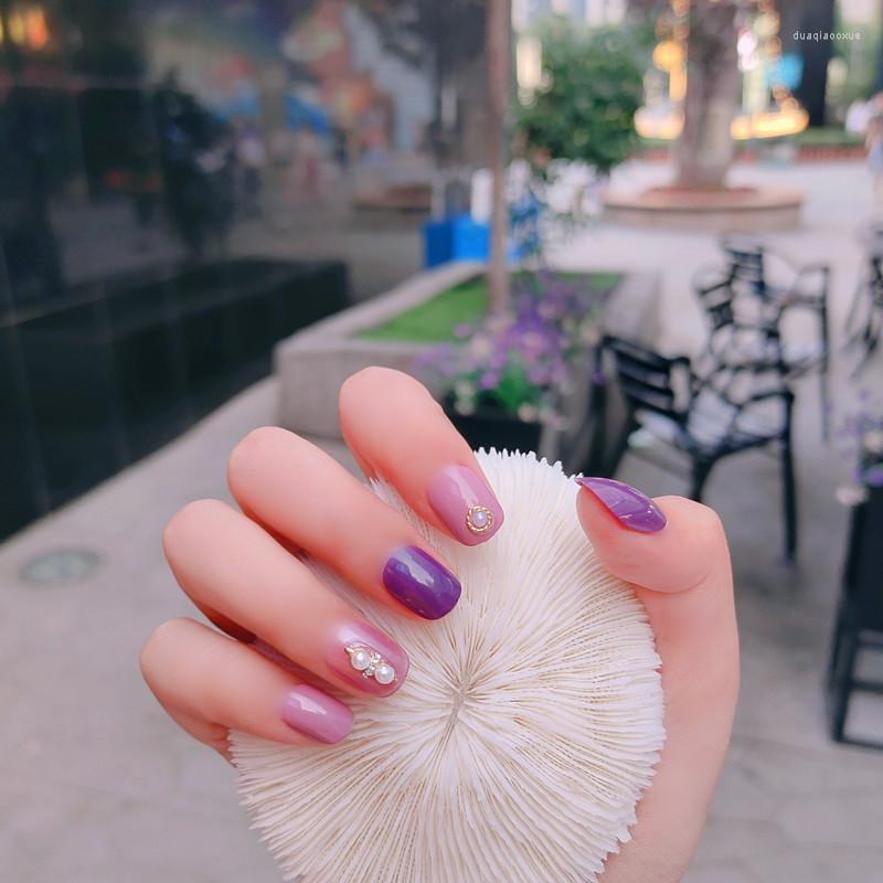 

False Nails 24pcs Detachable Taro Mud Purple Pearl Wearable Fake Full Cover Nail Tips Press On With Design