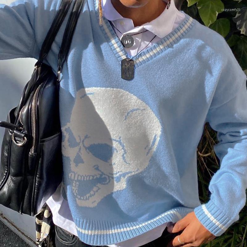 

Women' Sweaters 2022 Autumn Korean Fashion Y2k Blue Women' Skulls Pullovers V Neck Knitwear Loose Casual Retro Knitted Tops Streetwear, Black