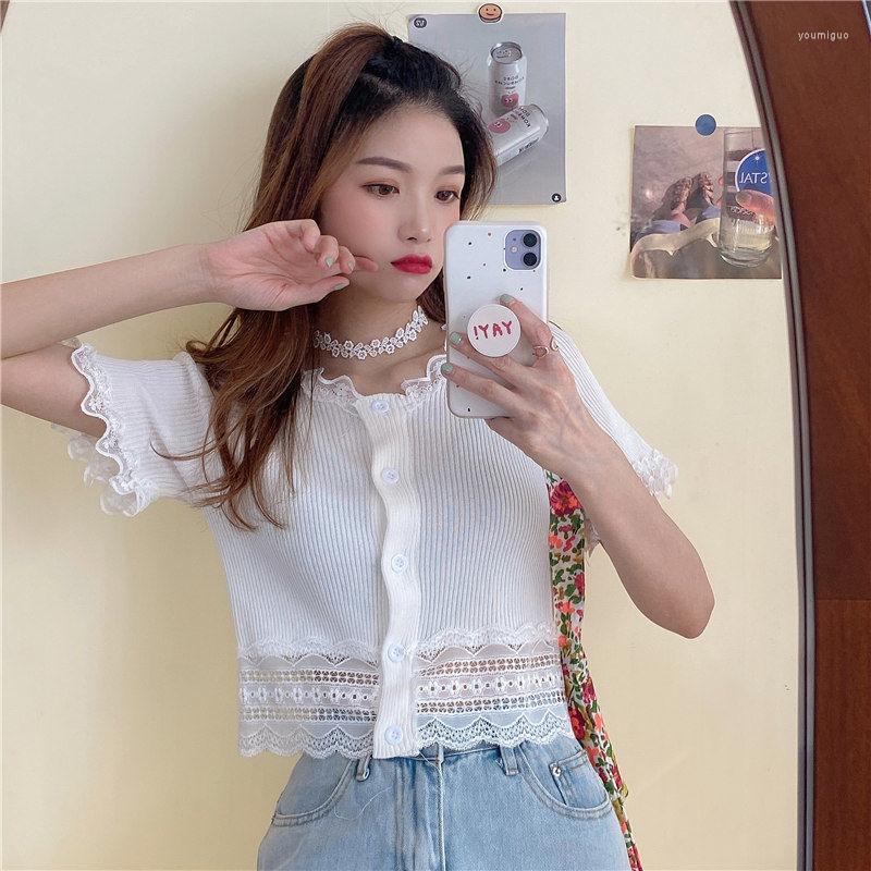 

Women's T Shirts Woman TShirts Hollow Sweater Women's Summer Lace V-neck Patchwork Cardigan Crop Top Mujer Camisetas, 6345 black