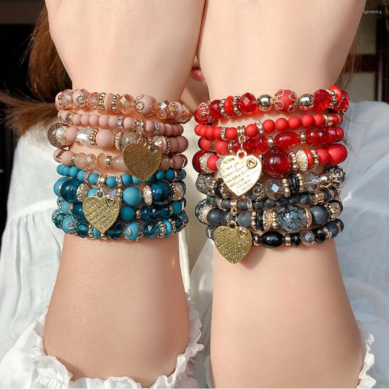 

Link Bracelets Women Beads Bracelet Multi-layer Bohemian Style Heart Beaded Charm Beach Summer Accessories