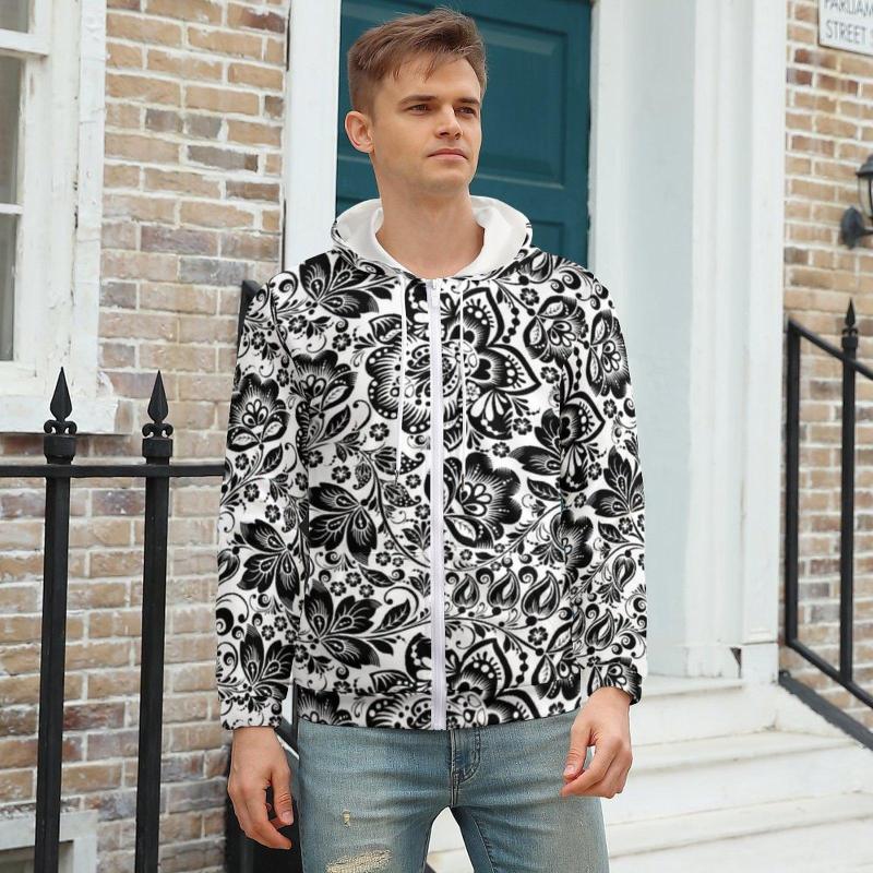 

Men' Hoodies White Baroque Floral Retro Flowers Print Winter Polyester Hoodie Full Zip Up Mens Plus Size 5XL, Style-6