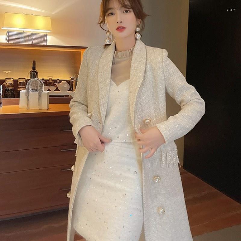 

Women' Trench Coats Office Luxury Womens Tweed Coat Winter Tassel Pearl Double Breasted Long Jacket Streetwear Elegant Slim Plaid Overcoat, Black