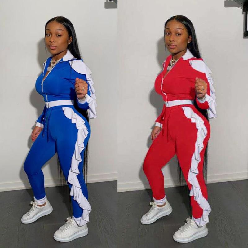 

Women' Two Piece Pants Women' Sports Suit Ruffled Collar Casual Jacket Street Trend Two-piece, Blue