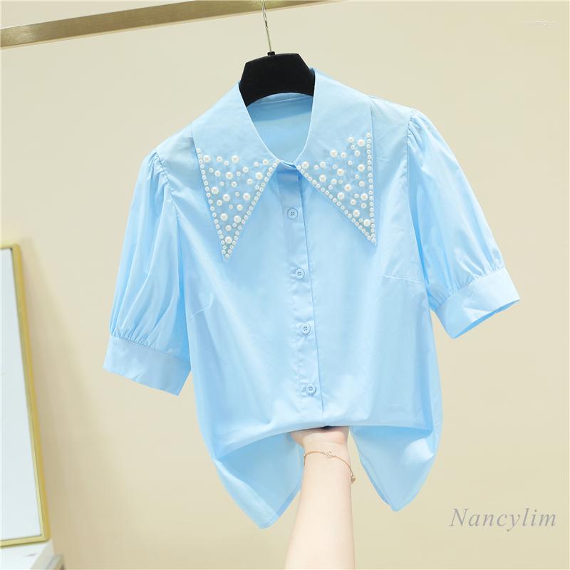 

Women' Blouses Beads Turn Collar Short Puff Sleeve Blouse Woman Loose Shirts 2022 Summer Design Office Lady All-Match Tops White Blue