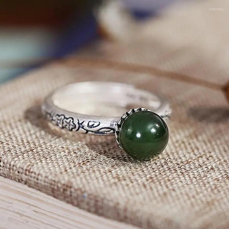 

Cluster Rings Original Design Silver Inlaid Natural Hetian Jasper Beads Adjustable For Women Retro Court Style Unique Craft Jewelry