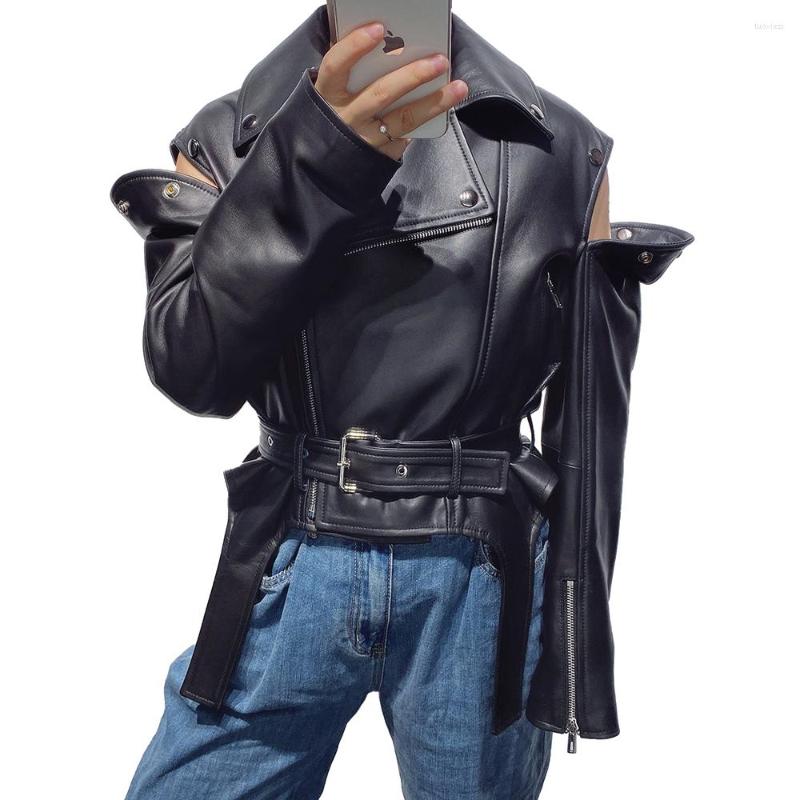 

Women' Leather YOLOAgain Sheepskin Coat For Women Real Jacket Winter Autumn Moto Biker Genuine Top Quality Black