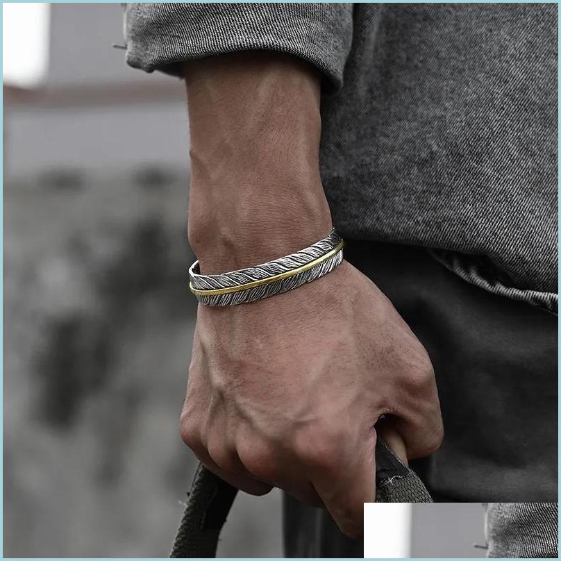 

Bangle Bangle Personality Vintage Feather Sier Color Open For Men Adjustable Jewelry Wrist Gift Wholesalebanglebangle Drop Delivery Dhpcu