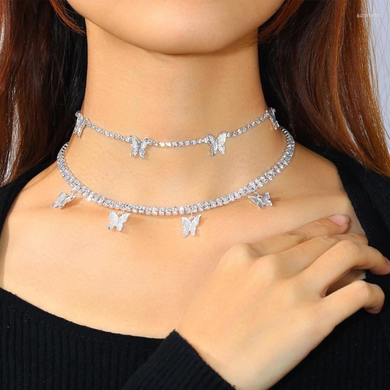 

Pendant Necklaces Stonefans Trendy Cute 2pcs Rhinestone Chain Butterfly Necklace For Women Tennis Animals Choker Collar