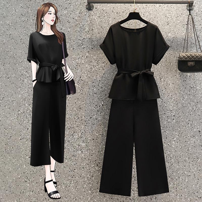

Women's Two Piece Pants Plus Size 4XL Women Chiffon Suit Shirt Top And Pant Set 2022 Summer Tracketsuit High Street Trousers Work Clothes, Black