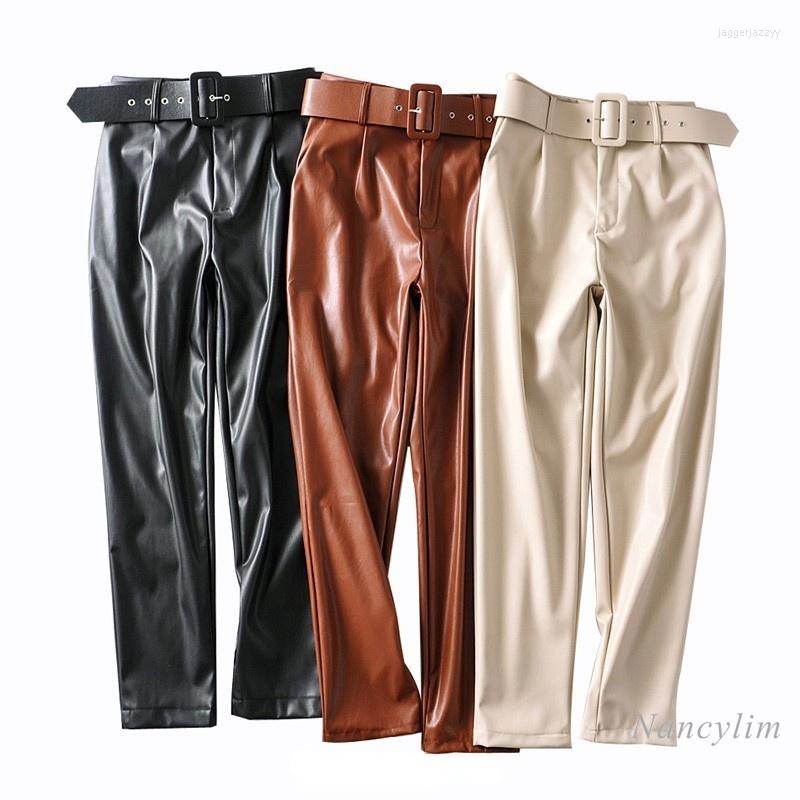 

Women's Pants Leather For Women Autumn Winter Clothing Waistband All-Matching Slimming Pu Trousers Legings Outer Wear Femme, Beige