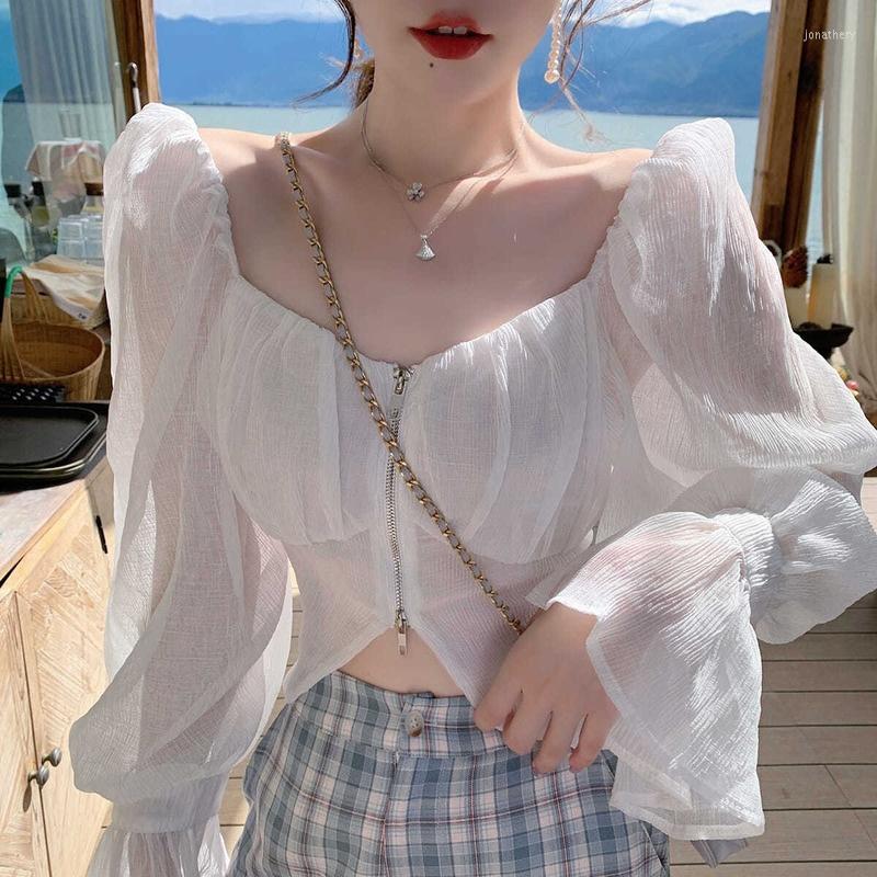 

Women' Blouses Korean Fashion Elegant Blouse Women Autumn White Casual Sweet France Chiffon Long Sleeve Retro Designer Clothing 2022
