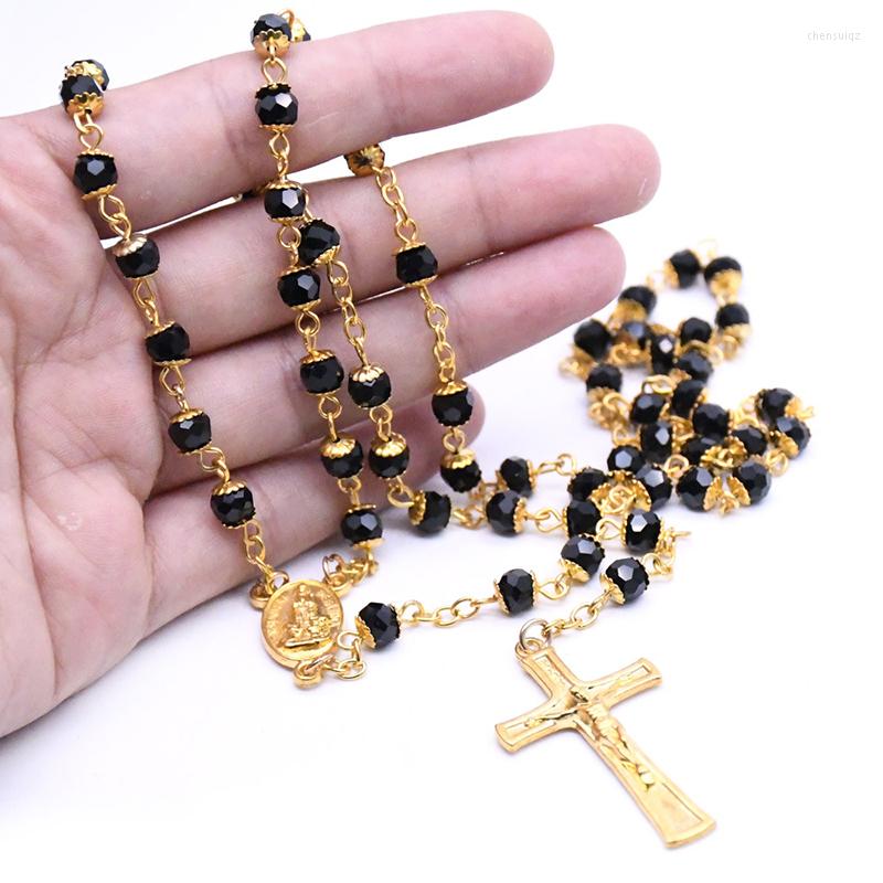 

Pendant Necklaces Diyalo Catholic Gold Color Crucifix Jesus Cross Necklace Black Crystal Rosary Beads Chain Women Men Jewelry Gift