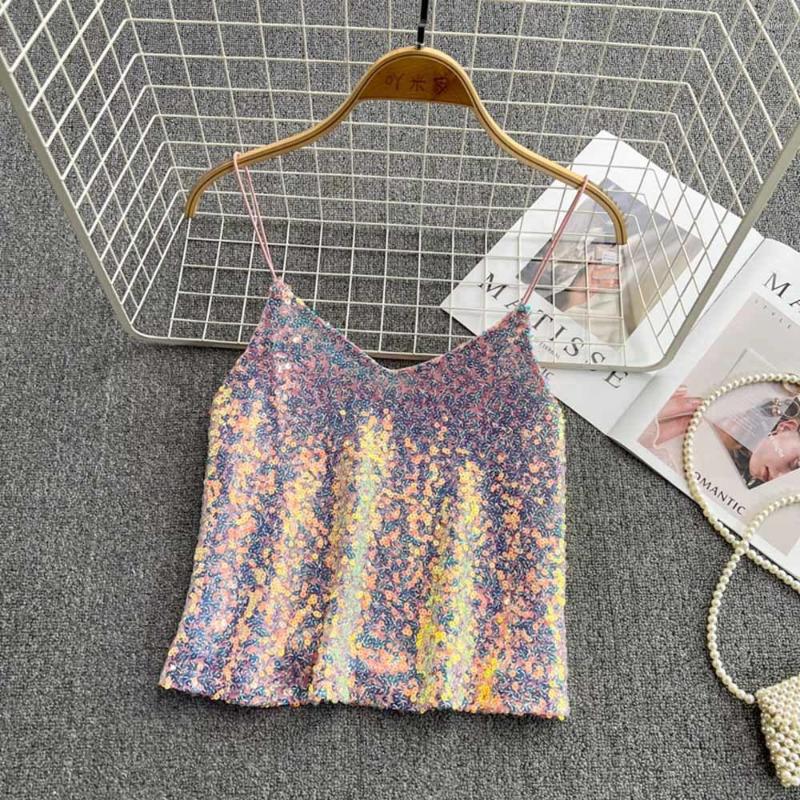 

Women's Tanks 2022 Women Bling Sequins Camis Woman Shiny Sequined Camisole Female Chic Summer Holiday Laser Sleeveless Top, Black