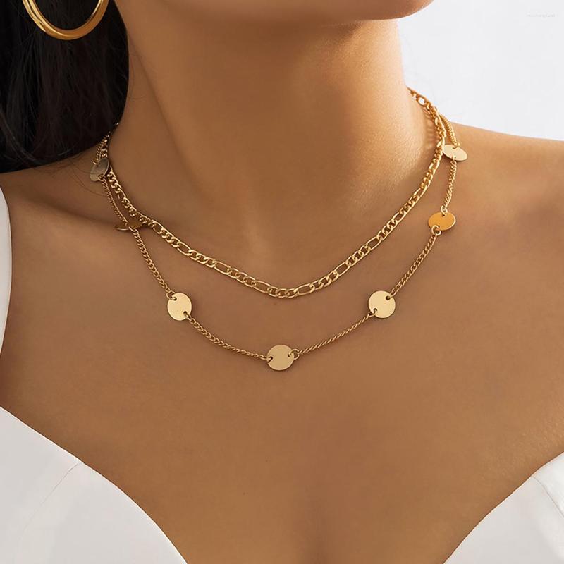 

Chains Multi Layered Round Sequins Pendant Necklaces For Women Gold Color Link Chain Choker Girls Retro Neck Jewelry Collier
