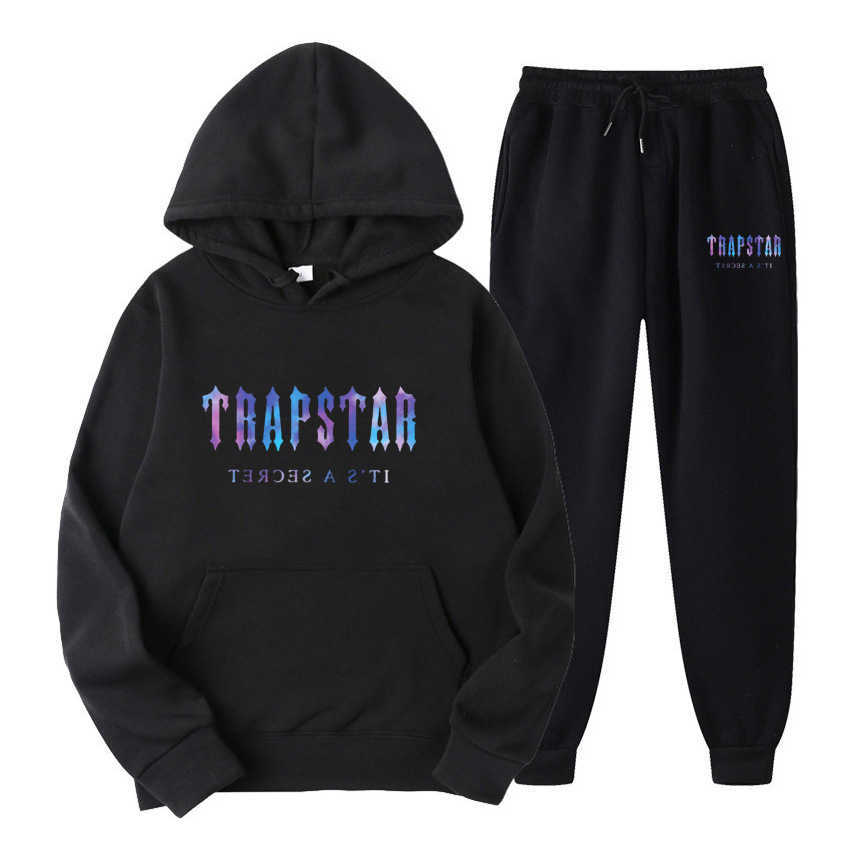 

Tracksuit TRAPSTAR Printed Sports suit Men Colors Warm Two Pieces Set Loose Hoodie Sweatshirt Pants Streetwear Y2211, Black