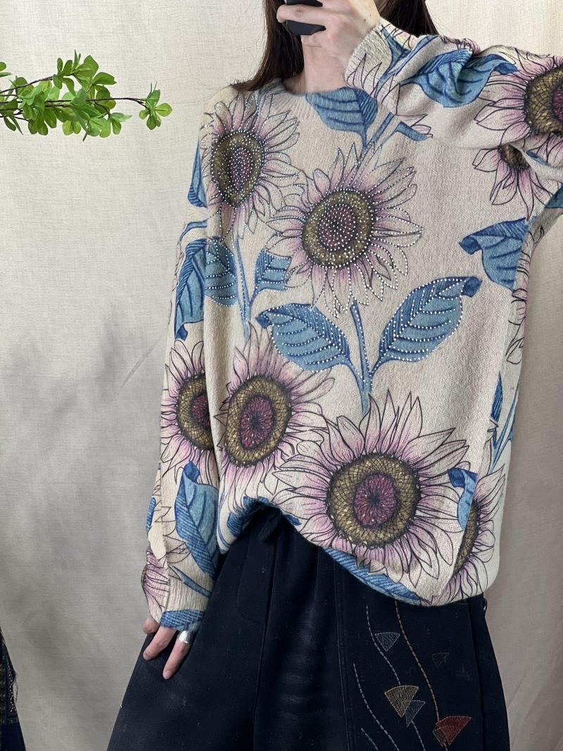 

Women's Sweaters Autumn Winter Imitation Mink Sweater Woman Vintage Flowers Printed Half High Collar Loose Knitted Pullovers Tops Indie Folk