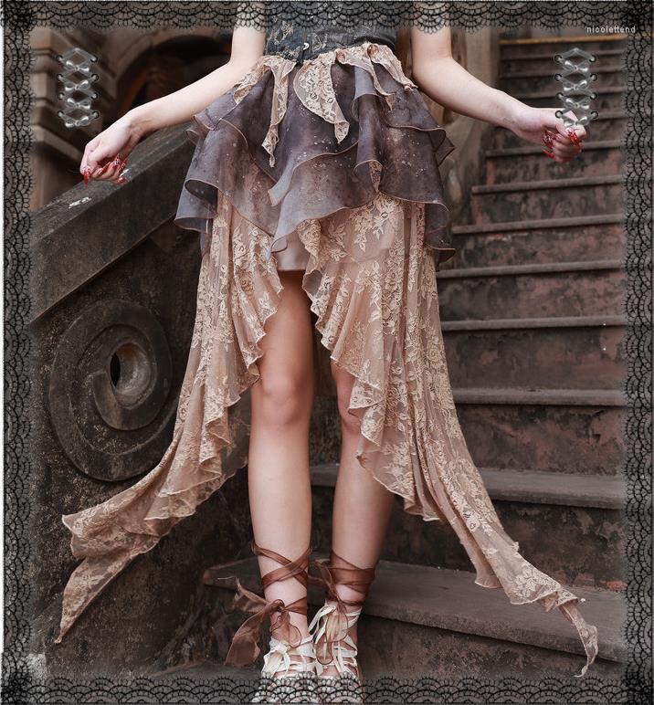 

Skirts Blood Original Design Fall Gothic Dark Tie Dyeing Embroidery Mesh Lace Irregular Long For Women, Beige