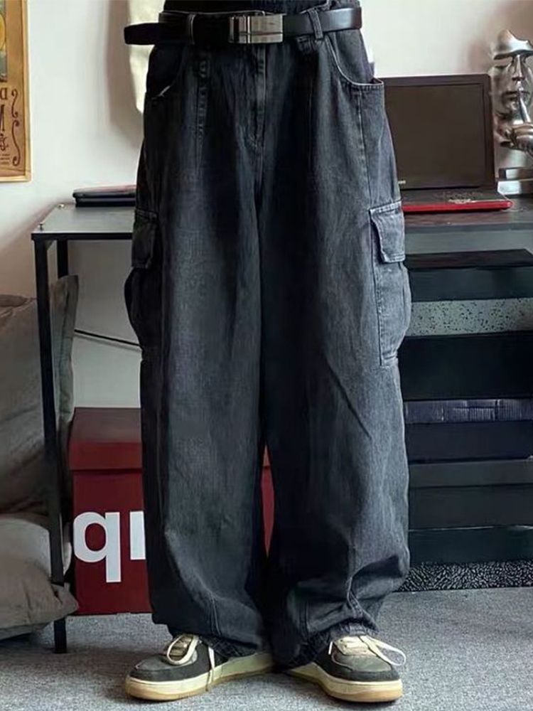 Men&#039;s Jeans Dark High Street Vintage Washed Oversize Wide Leg Denim Pants Men&#039;s Drape Grunge Workwear Big Pocket Baggy-image-815142878