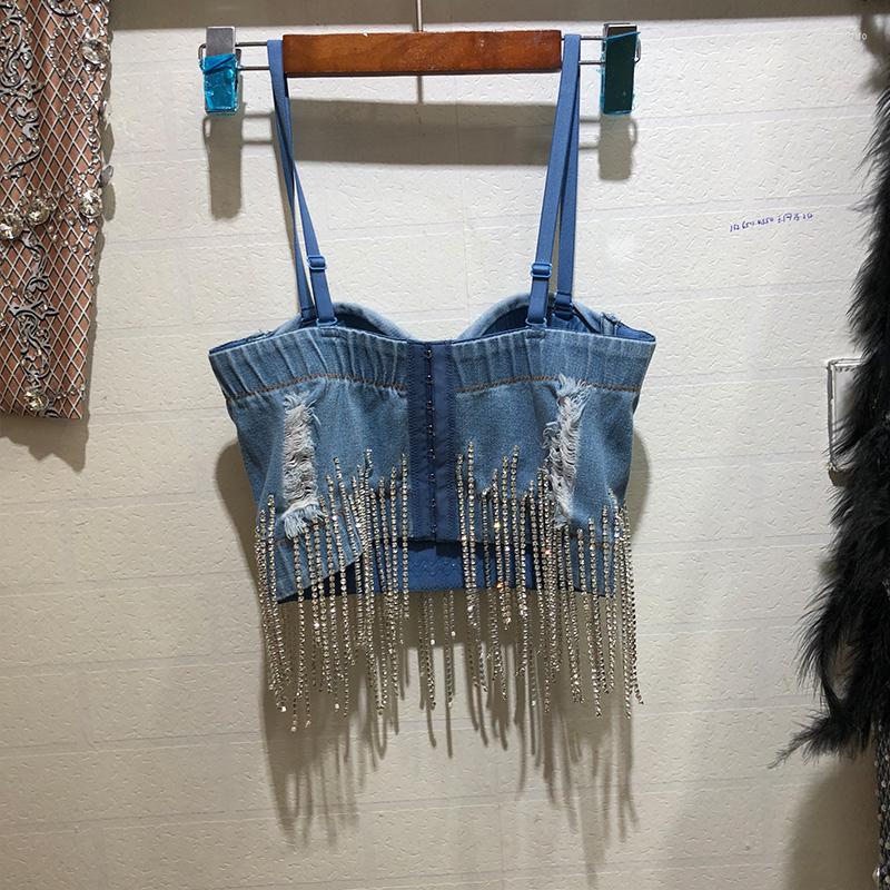 

Women's Tanks Fashion Diamond Tassel Strapless Bra Denim Vest Shirt Women Sexy Nightclub Dance Cowboy Camisole Jeans Cropped Top Ropa Mujer, Blue