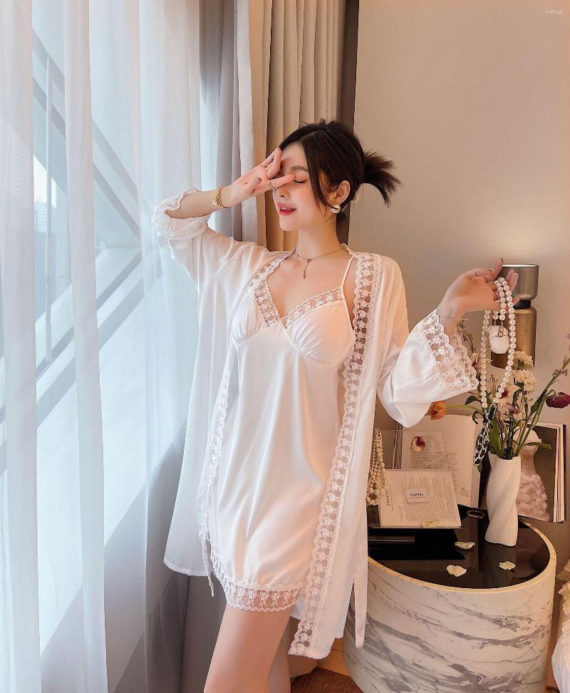

Women's Sleepwear Sexy Pajamas Women's Spring Summer And Autumn Silk Suspender Nightdress Lace-trimmed Nightgown Two-piece Suit Home, Black