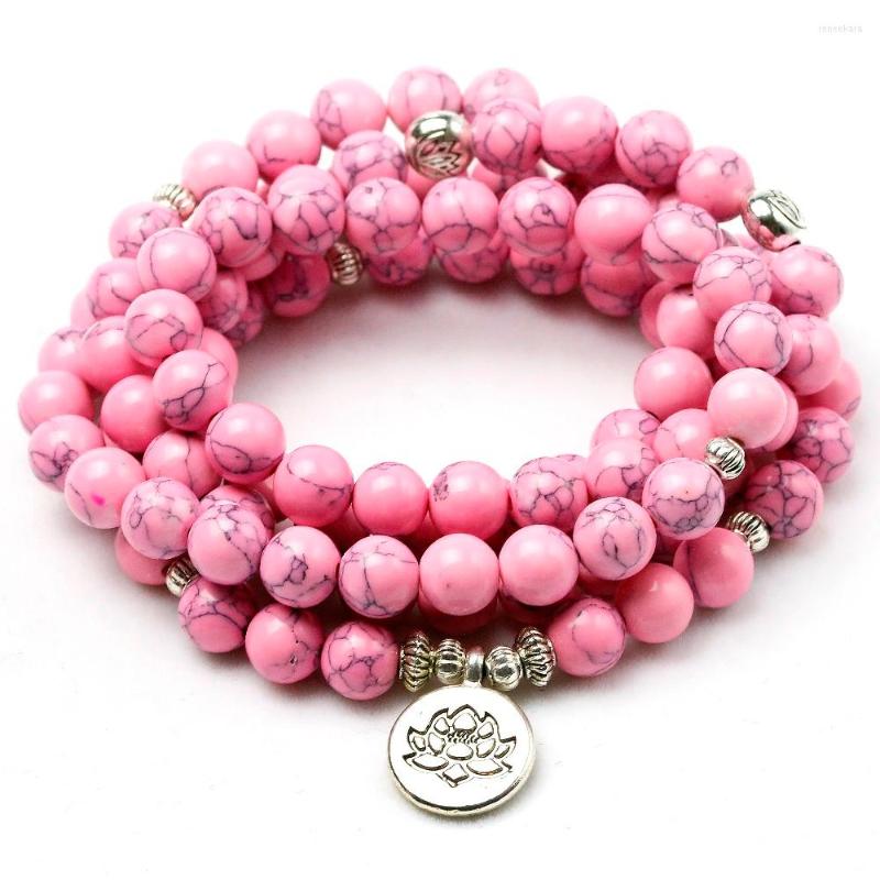 

Strand Pink Howlite Stone Healing Chakra 108 Prayer Beads Mala Bracelet Women Jewelry Wrist OM Buddhist Buddha Charm Bracelets