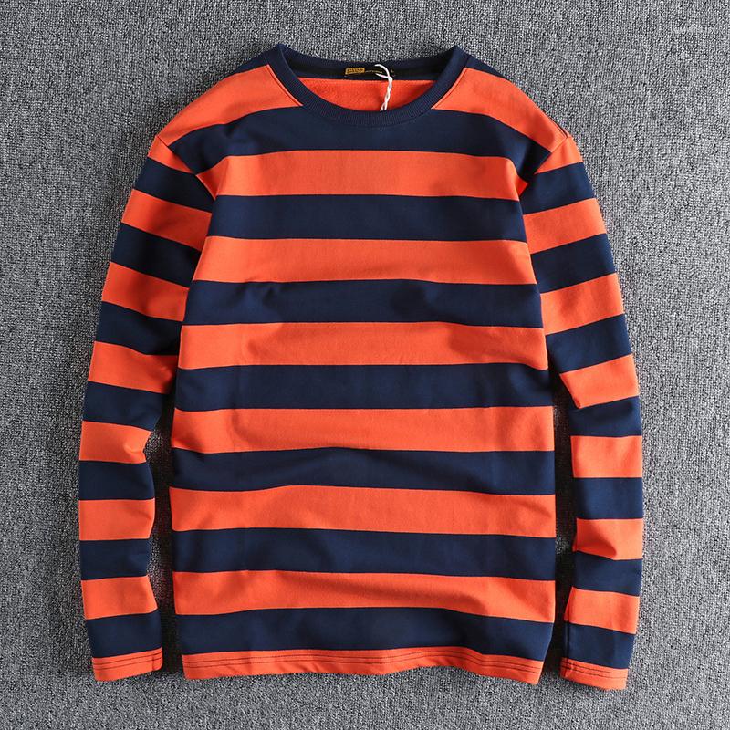 

Men's T Shirts American Retro Trend Big Stripe Long Sleeve T-shirt Men's Soft Washed Cotton Micro Loose Comfortable Versatile Bottoming, Black with apricot