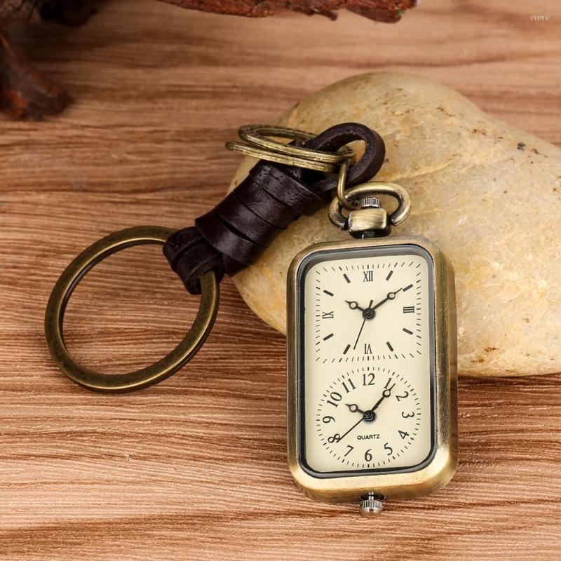 

Pocket Watches Bronze Retro Keychain Watch Square Dual Time Zone Roman And Arabic Numeral Dial Clock Men Lady Antique Souvenir Gifts