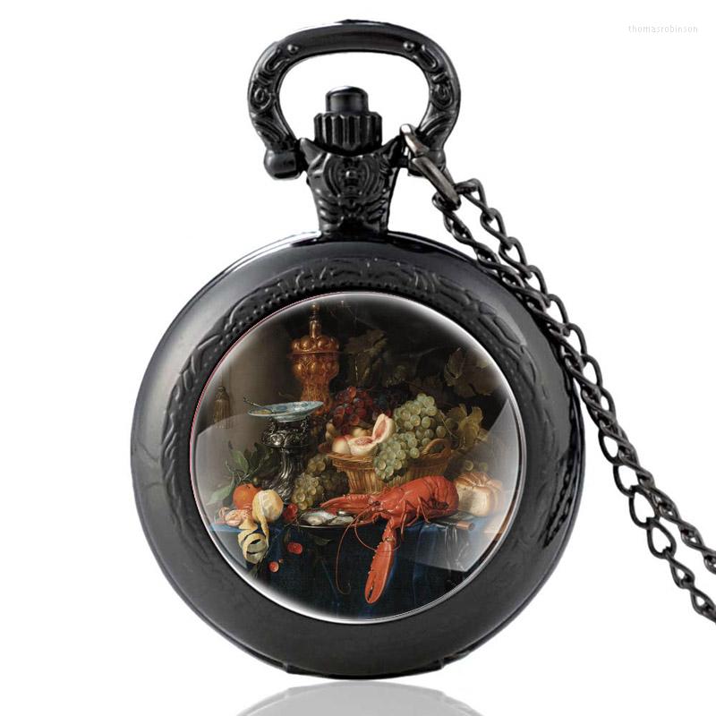 

Pocket Watches Still Life With Golden Goblet Pattern Vintage Quartz Watch Men Women Unique Pendant Necklace Hours Clock Gifts, Black