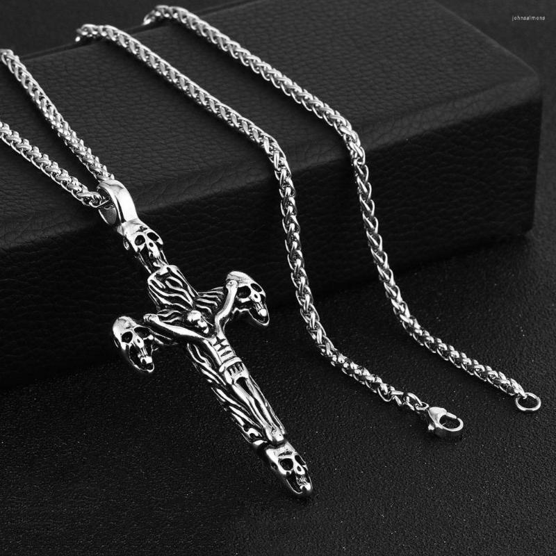 

Pendant Necklaces Vintage Skeletons Jesus Cross Link Chain Stainless Steel For Men Silver Color Hiphop Punk Crucifix Prayer Jewelry MN83