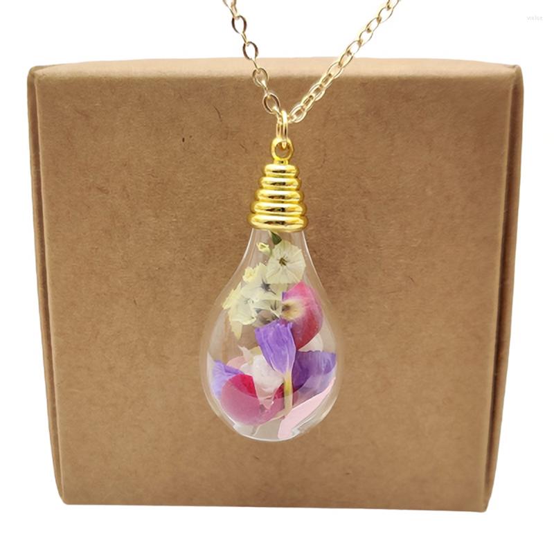 

Pendant Necklaces Mixed Real Flower Babysbreath Roses Forgetmenot Waterdrop Gold Color Chain Long Necklace Women Boho Fashion Jewelry