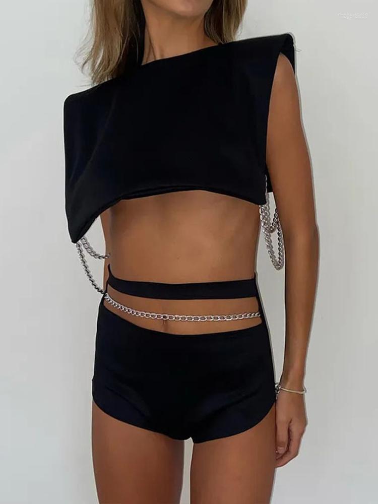 

Women' Tracksuits Personality Punk Style Fashion Suits With Chain Summer Nightclub Rave Party Sleeveless Tank Top High-waist Hollow Shorts, Black