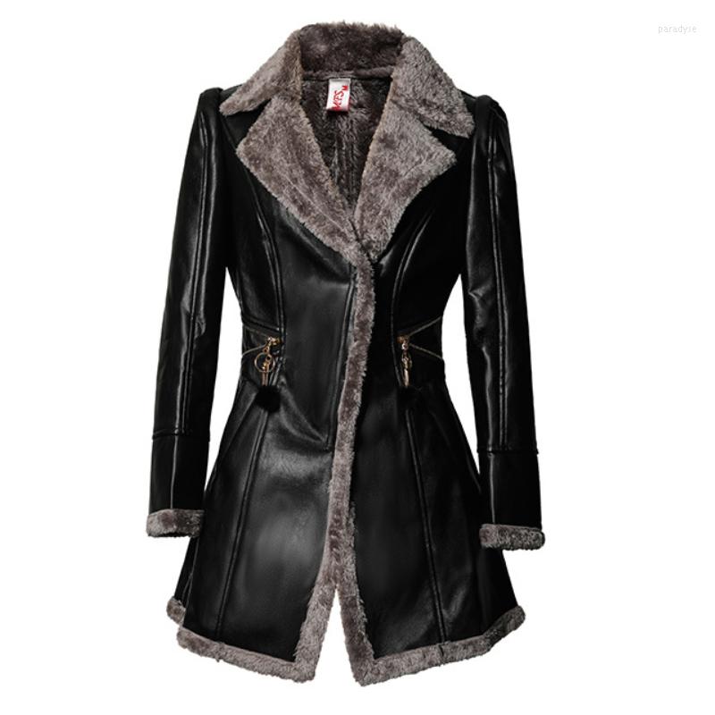 

Women' Leather Loose Size Autumn Winter Faux Jacket Women Fleece Slim Long Ladies Coats PU Coat Lapels Windbreaker 3XL, Brown