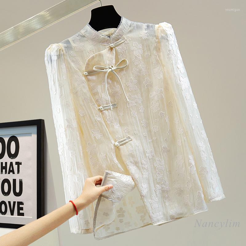 

Women' Blouses Retro Buckle Womens Solid Color Thin Long-Sleeved Shirt 2022 Spring Beads Stand Collar Embroidery Chiffon Blusas, Apricot
