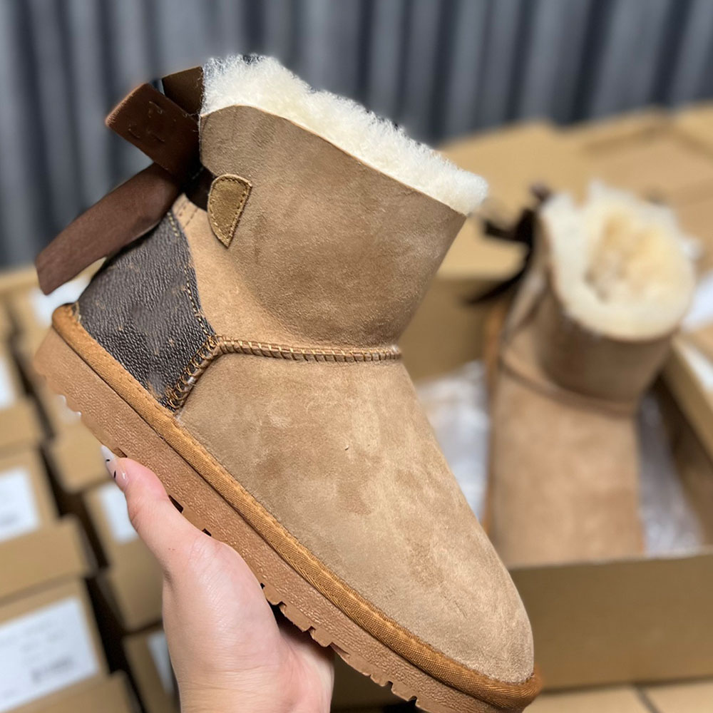 

Luxury brand's popular 2022 new winter fur integrated snow boots Flat bottom warm cotton shoes Bowknot leather lovers shoes, Khaki