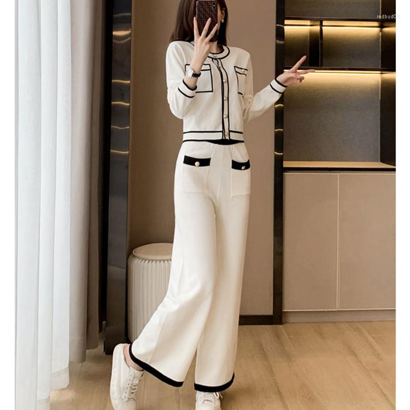 

Women' Two Piece Pants 2022 Autumn Knitted 2 Pieces Sets Long-Sleeve Knit Suit Waist O-Neck Cardigan Wide-Leg Two-Piece Female, Picture color