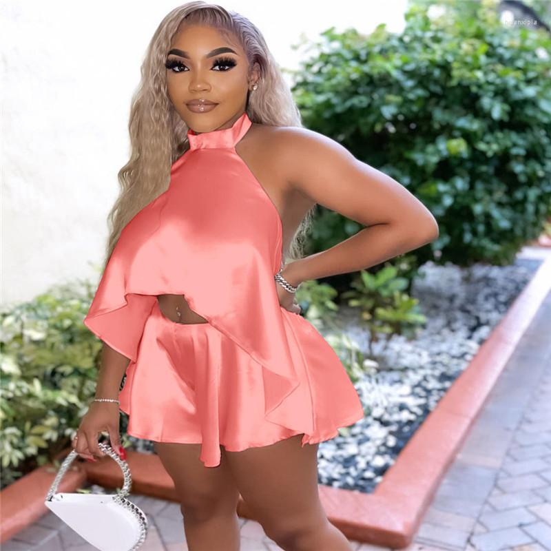 

Women' Tracksuits Fashion O-neck Off-the-shoulder Sleeveless Shirt And High Waist Solid Color Shorts Summer Club Party Sexy Women Suit, Pink